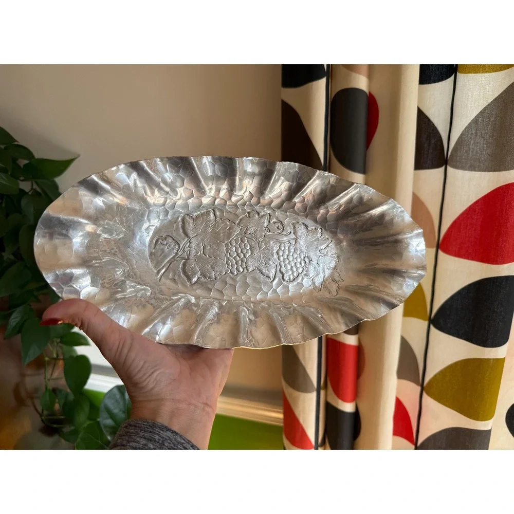 Vintage Hand Forged Aluminum Tray | Catchall | MCM Serving Dish | Grapevine